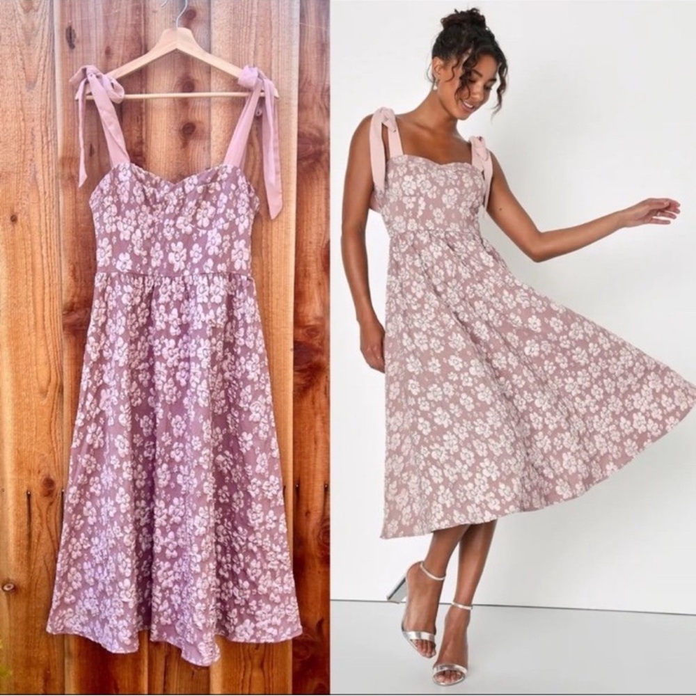 Mauve Pink Floral Jacquard Bustier Tie-Strap Midi Dress 🌿